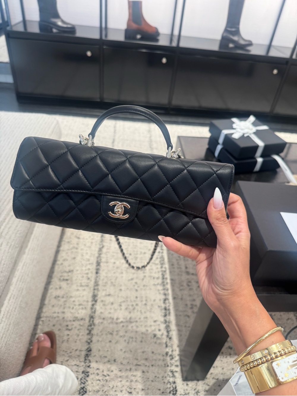 CHANEL Black Quilted Mini Top Handle Bag with Chain Strap